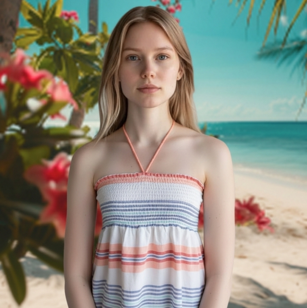 Ron Jon White Smocked Top With Slate Blue & Bittersweet Stripes & Tassels